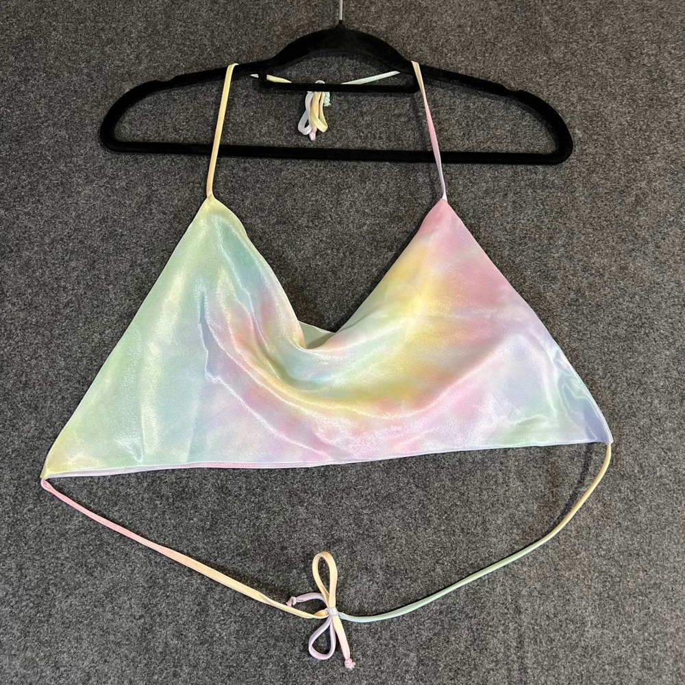 RESA Pastel Rainbow Tie Dye Cowl Neck Halter Top Shimmer Satin XS Made in LA Y2K